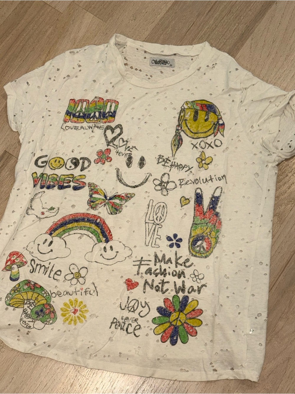 Kids White Graphic Tee - Good Vibes Rainbow Smiley